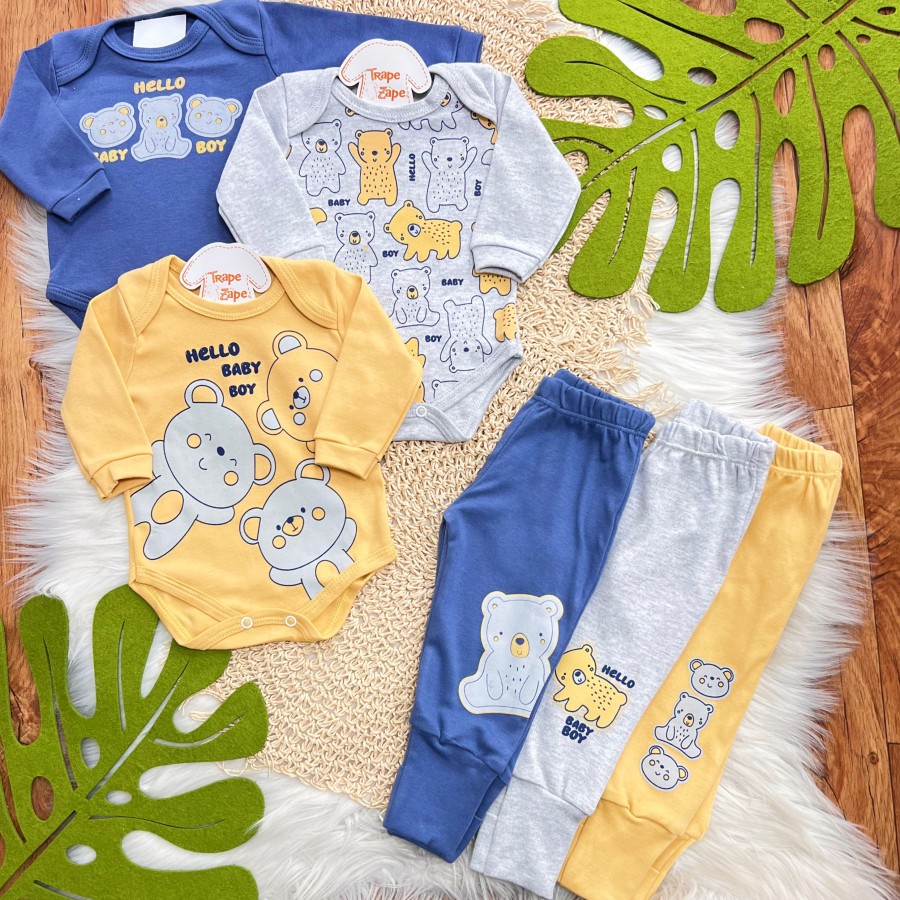  Kit 6 Peças - Hello Baby Boy - Azul Jeans, Mescla e Mostarda